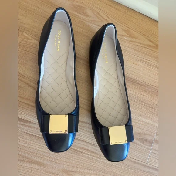 Cole Haan Tali Modern Bow Ballet Flats in Black Leather w/ Gold Hardware - Picture 2 of 6
